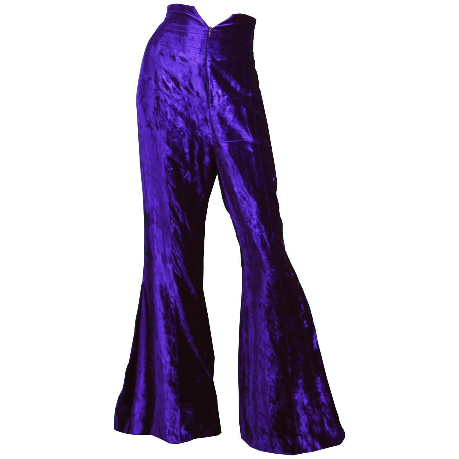 Norma Kamali OMO Purple Velvet Ultra High Waist Bell Bottom Flares, 1980s For Sale
