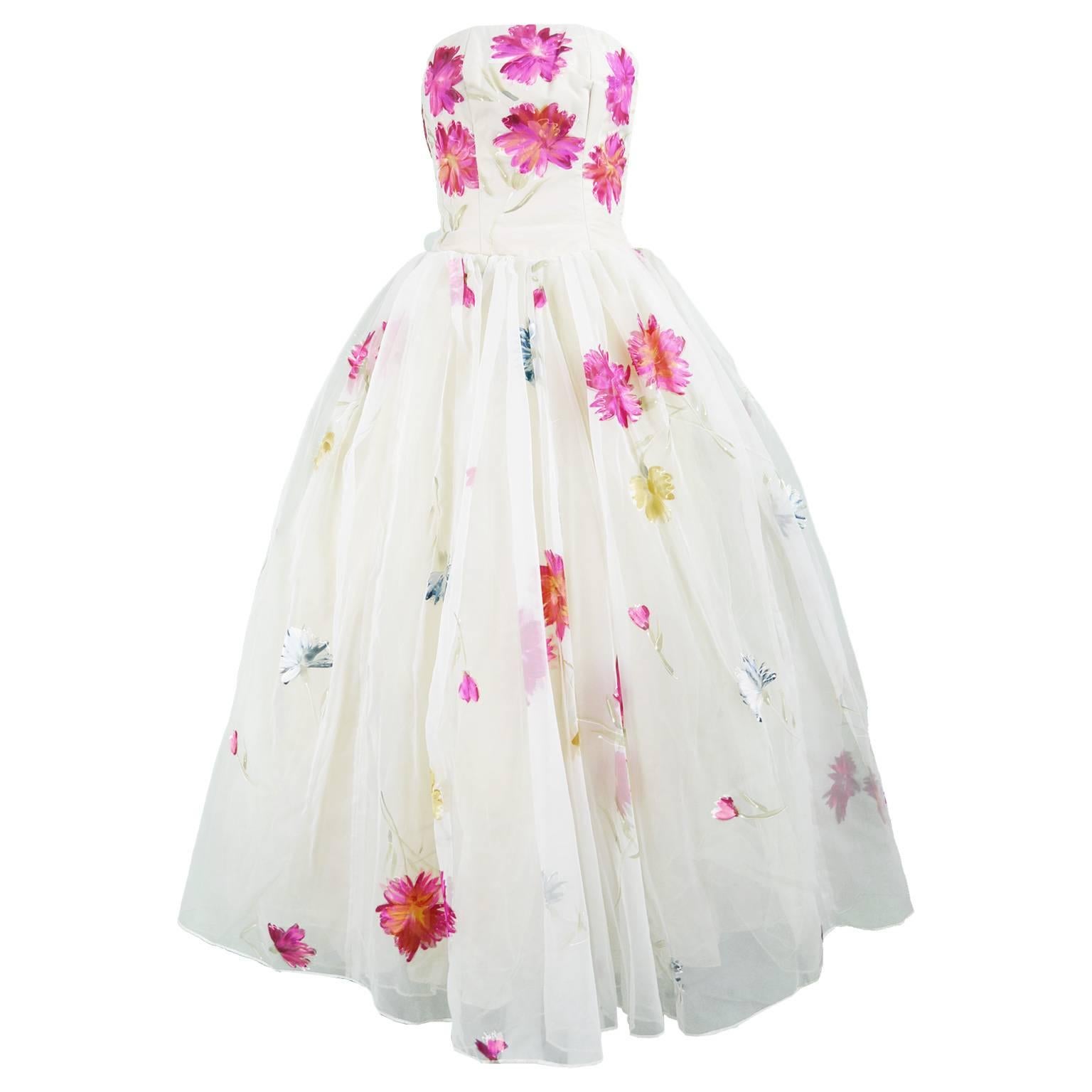 Incredible Vintage 1950s Hand Painted Organza Ball Gown with Four Underskirts
