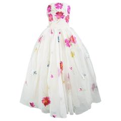 Incredible Used 1950s Hand Painted Organza Ball Gown with Four Underskirts