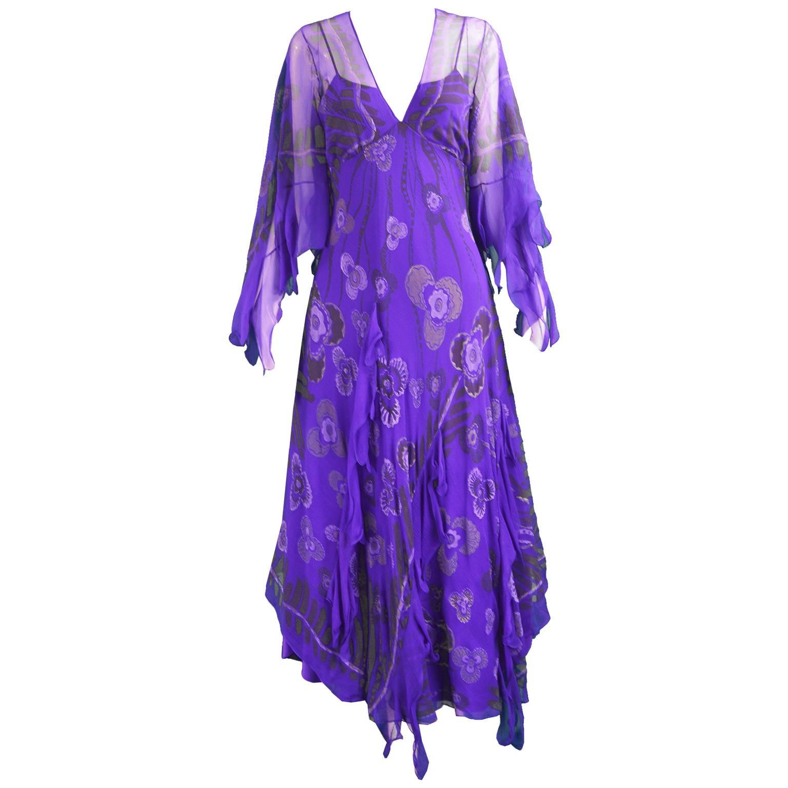 Zandra Rhodes Purple Floral Silk Chiffon Dress with Floor Length Train, c. 1970s