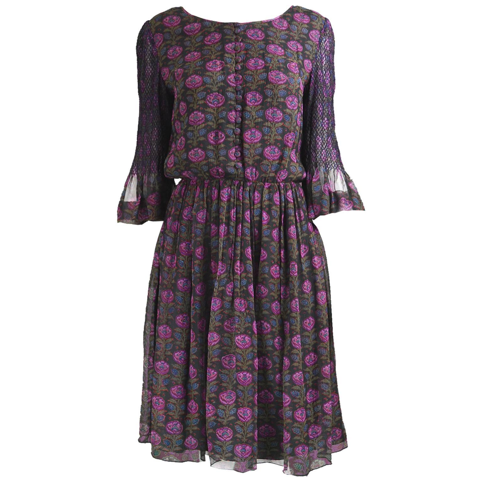 Treacy Lowe Indian Silk Chiffon Black & Purple Floral Embroidered Dress, 1970s