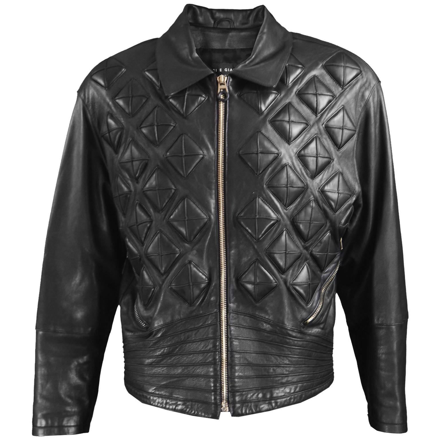 Calugi e Giannelli - Veste en cuir italien gaufré noir pour homme, années 1980 en vente