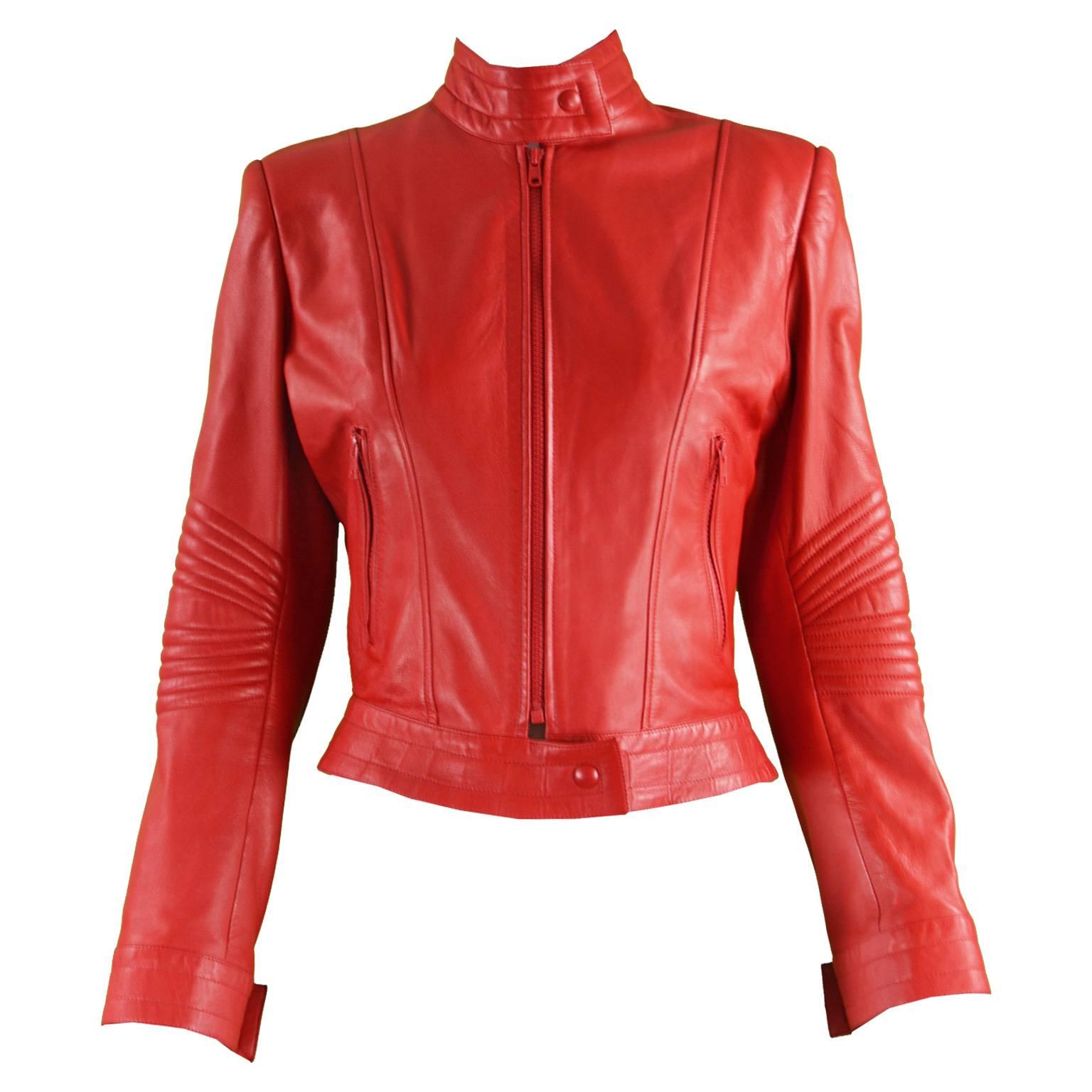 Jean Claude Jitrois Bright Red Café Racer Style Lambskin Leather Jacket  For Sale