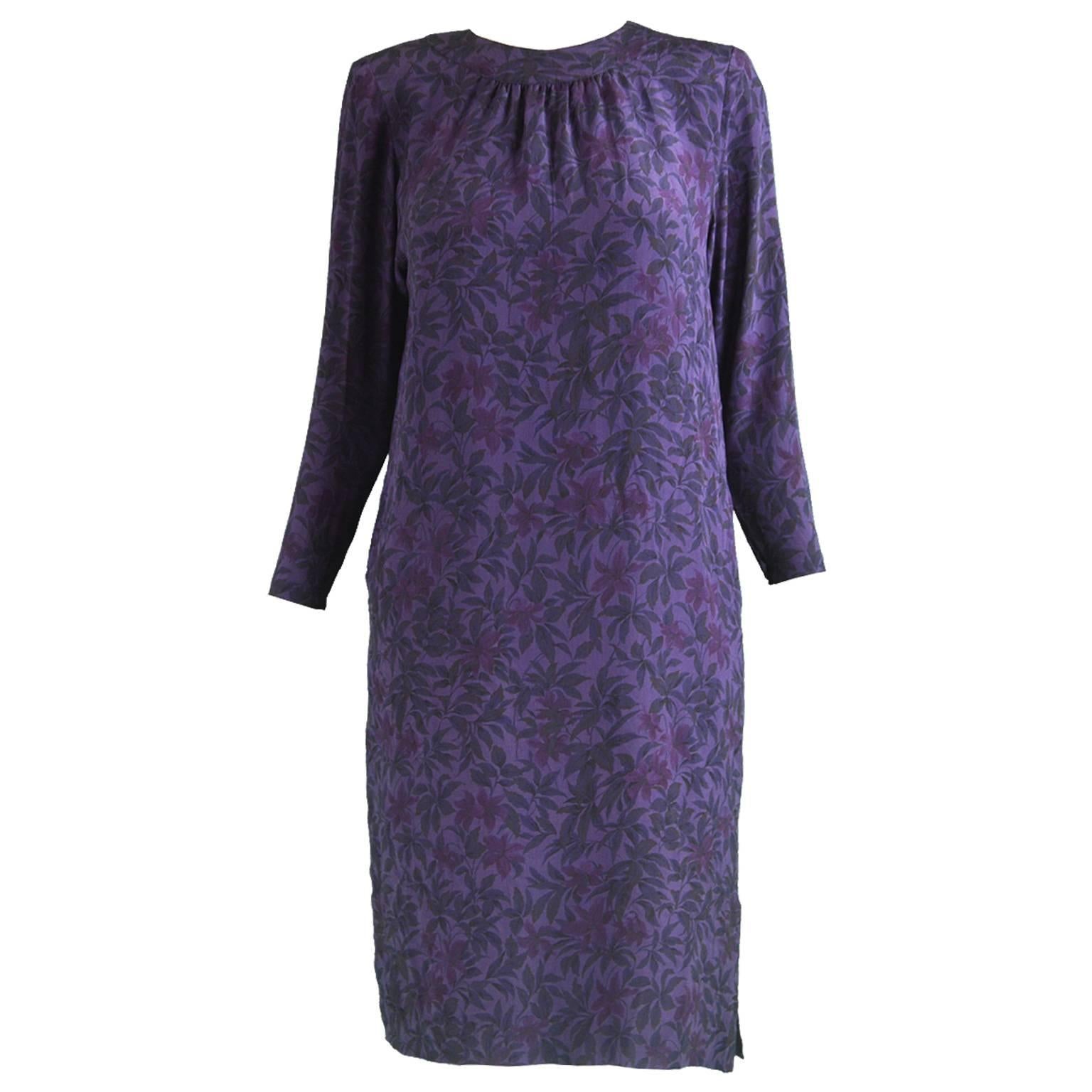 Hanae Mori Purple Vintage Hibiscus Print Simple Silk Shift Dress, 1980s