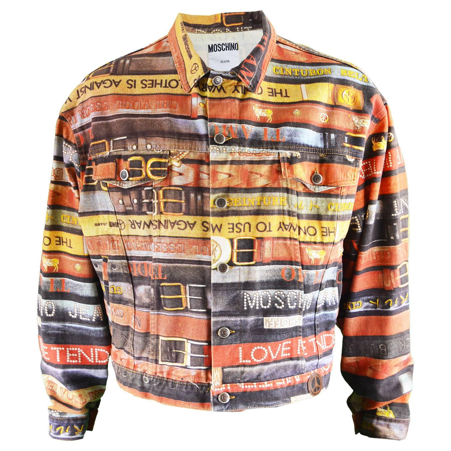 Moschino Iconic Belt Print Men's Vintage Denim Jacket, 1990s For Sale