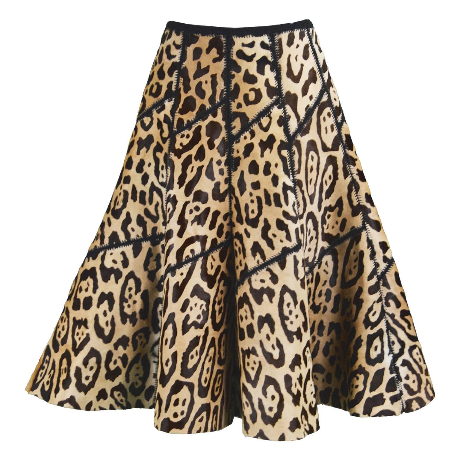 Vintage 1960s Leopard Animal Print Ponyskin 
Crochet Skirt