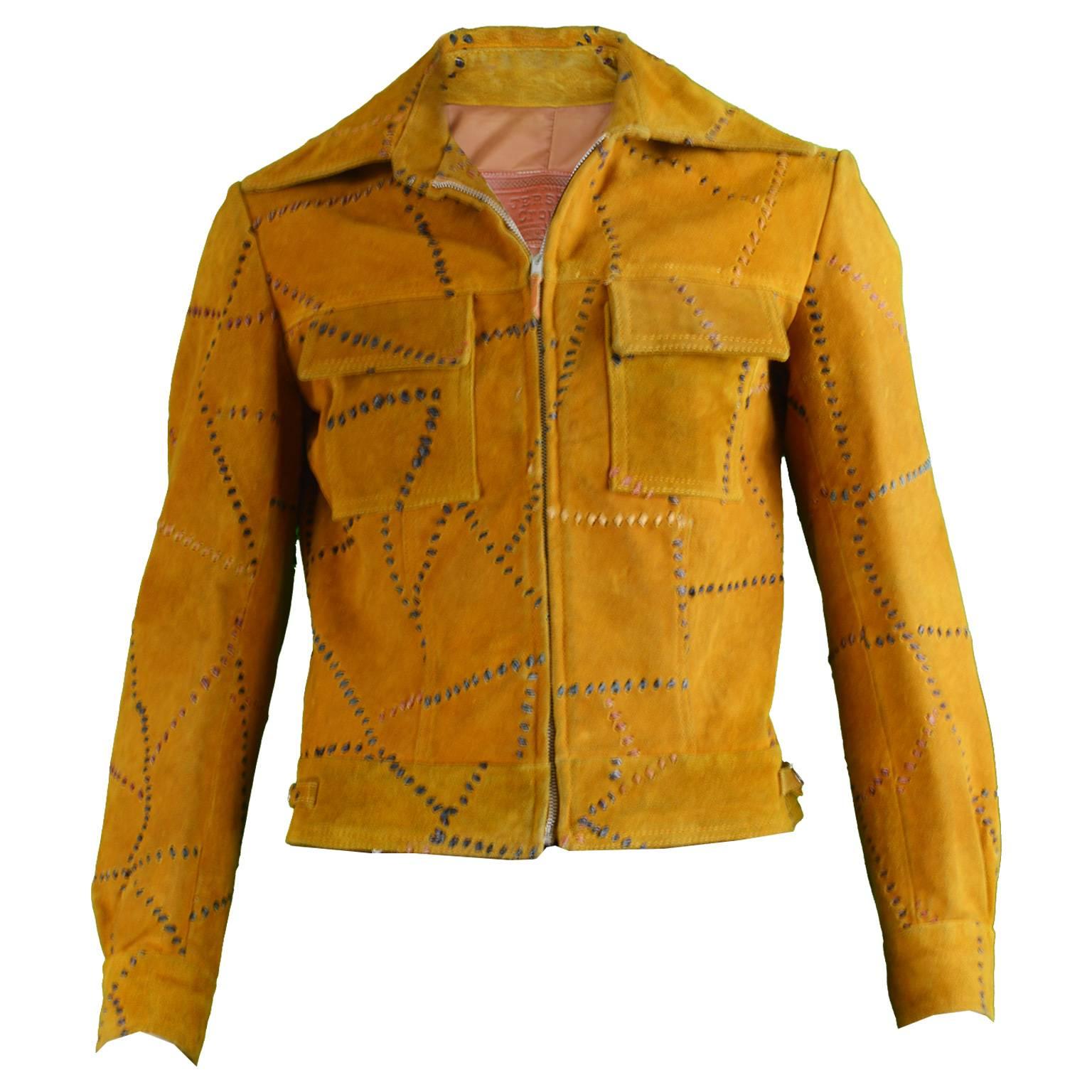 Vintage Men's Hand Crafted Tan Suede Whip Stitch Jacket, 1970s For Sale