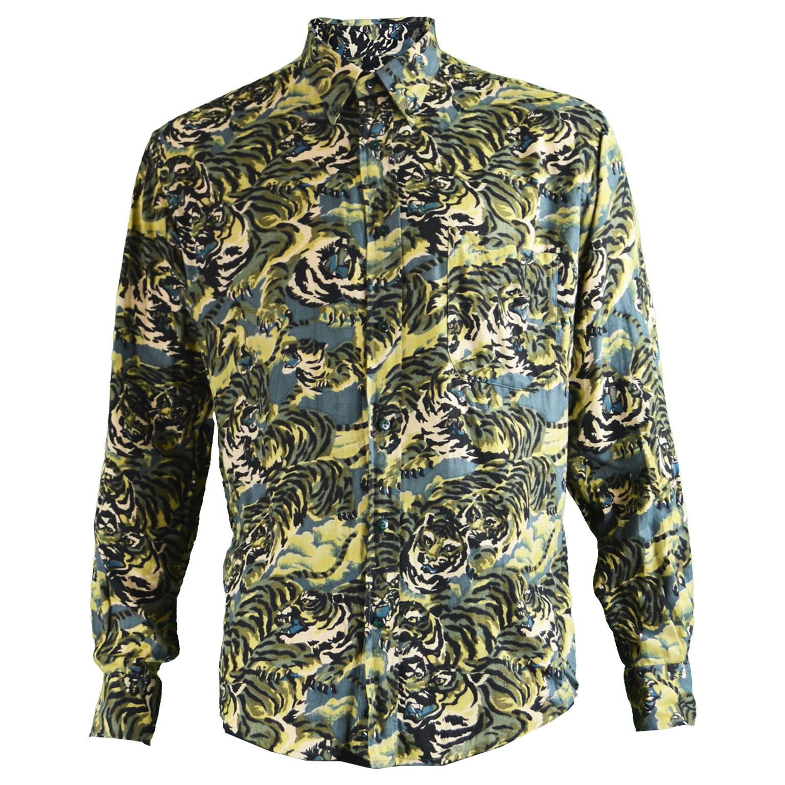 Kenzo Men's Vintage Iconic 'Flying Tiger' Print Button Down Shirt, 1990s