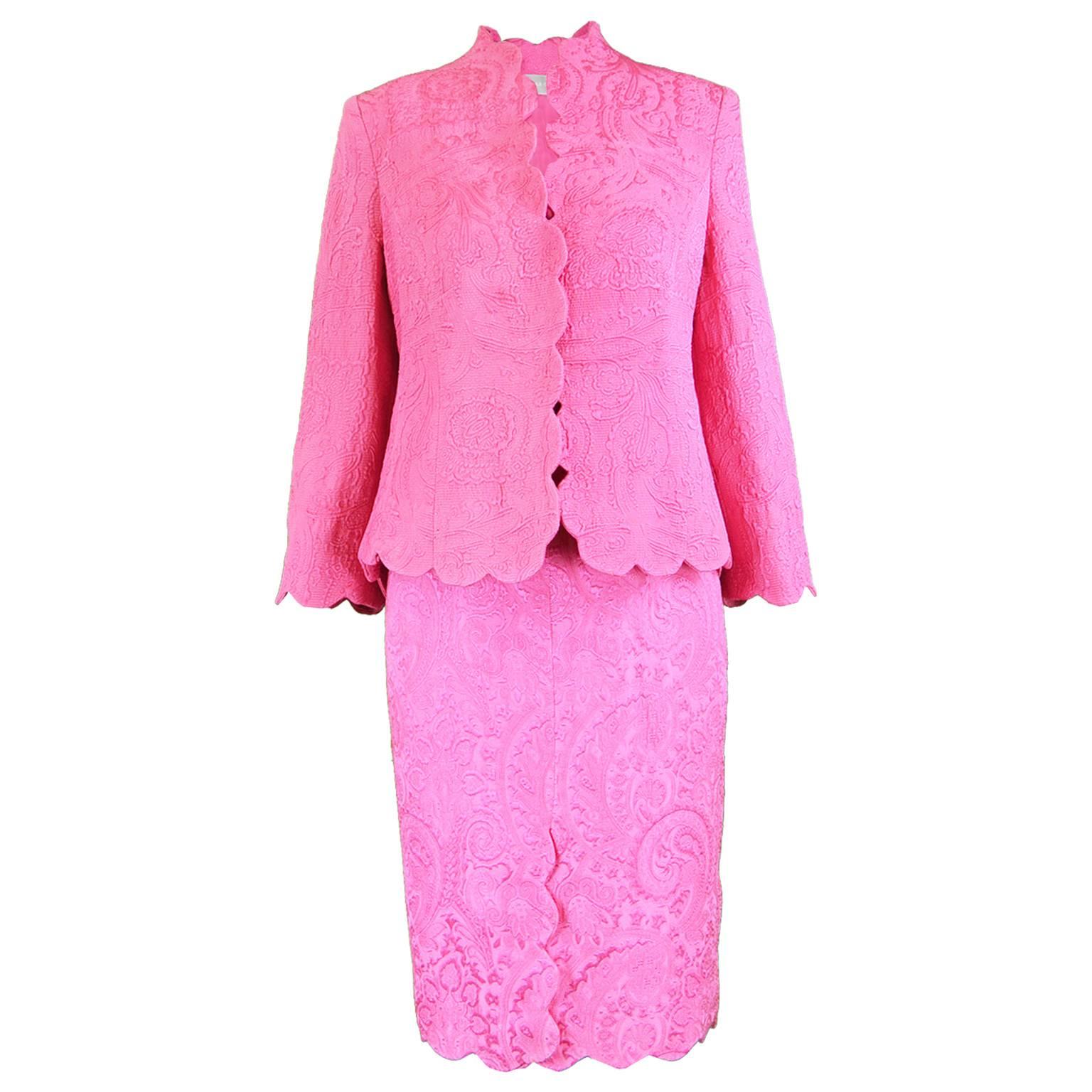 Raffaella Curiel Couture Vintage Pink Brocade Jacket and Dress Suit, 1990s