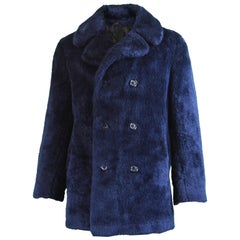 Men's Used Dark Blue Double Breasted Faux Fur Pea Coat, 1970s