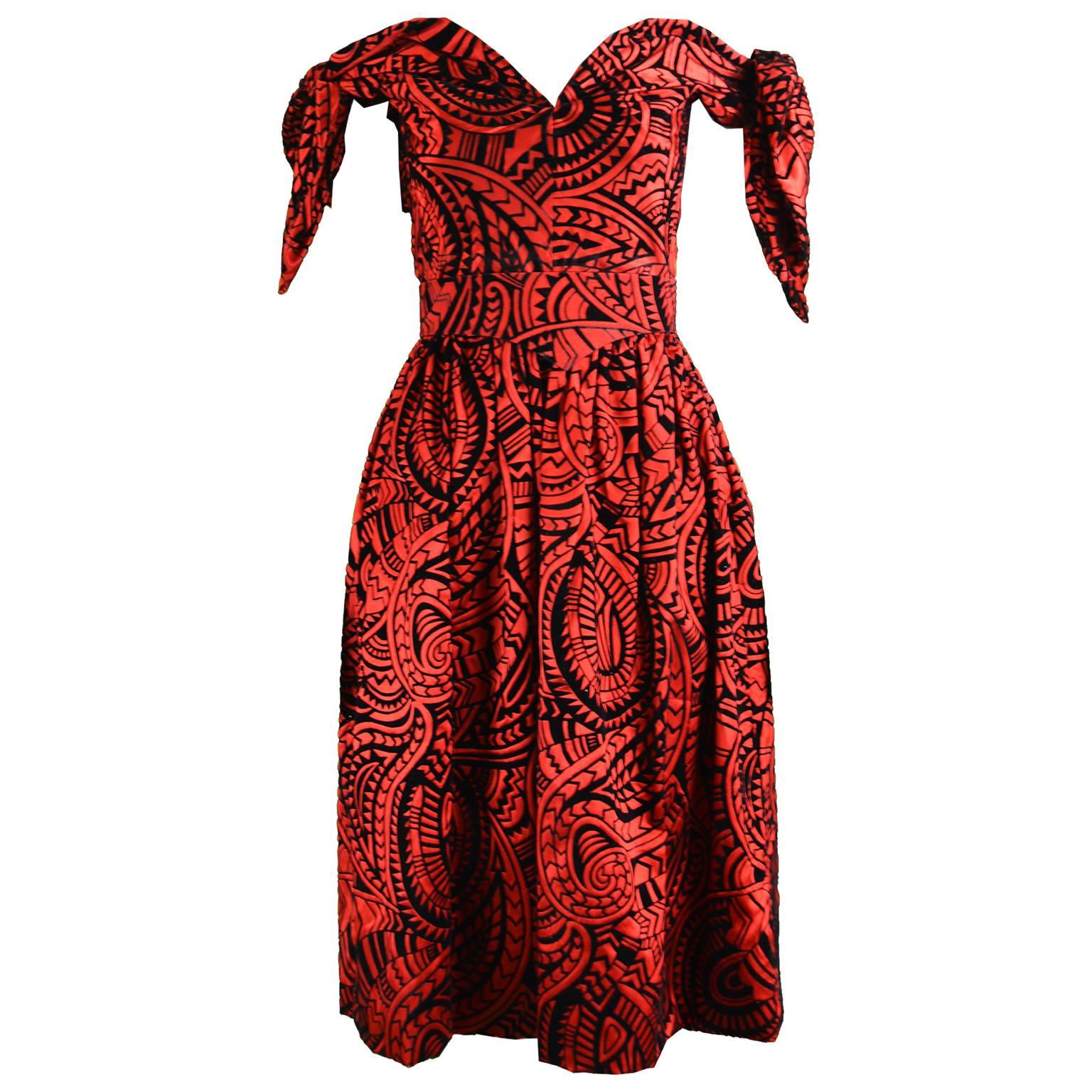 Murray Arbeid Red and Black Flocked Velvet and Taffeta Evening Dress, 1980s For Sale