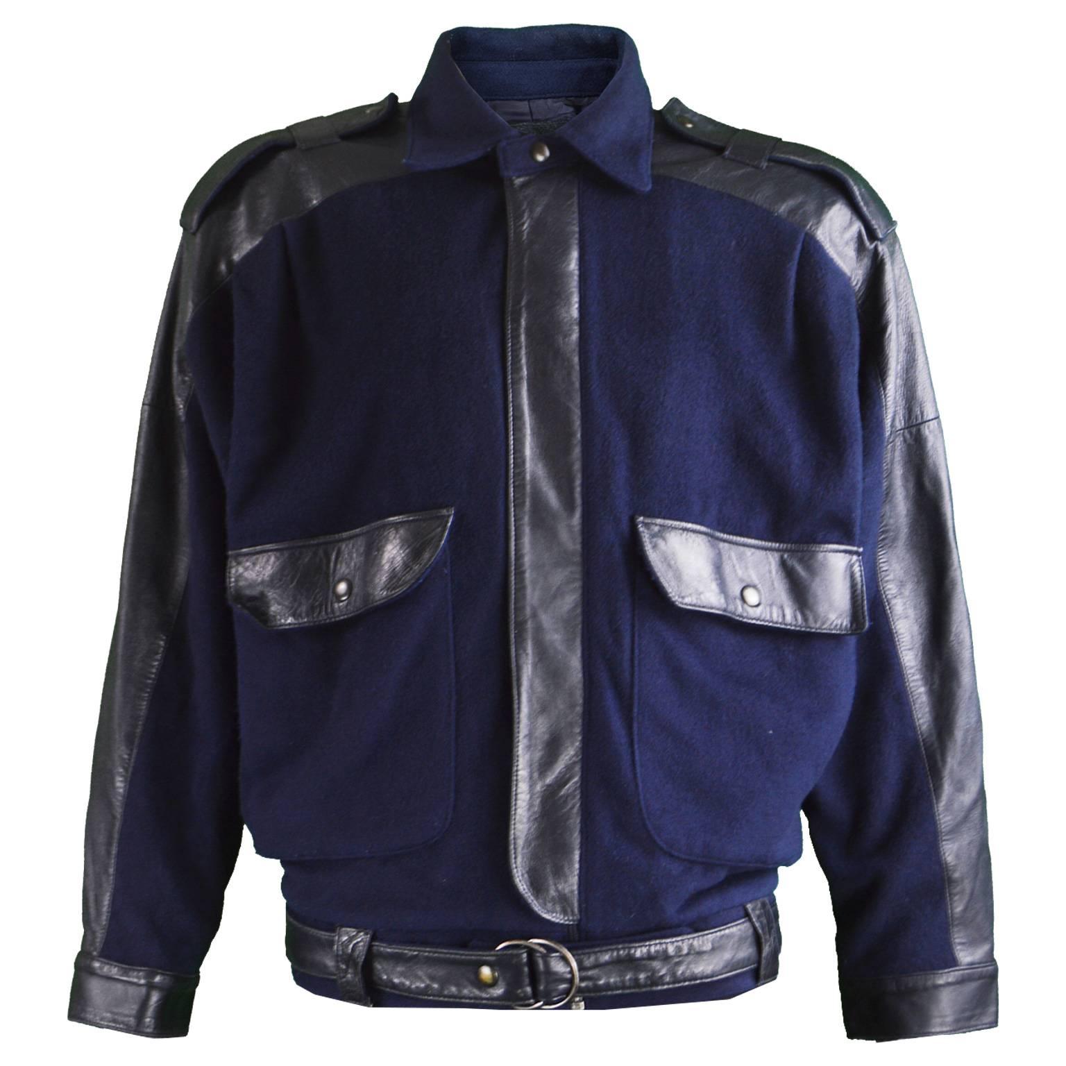 Guy Laroche Men's Vintage Leather & Blue Wool Bomber Jacket, 1980s For Sale