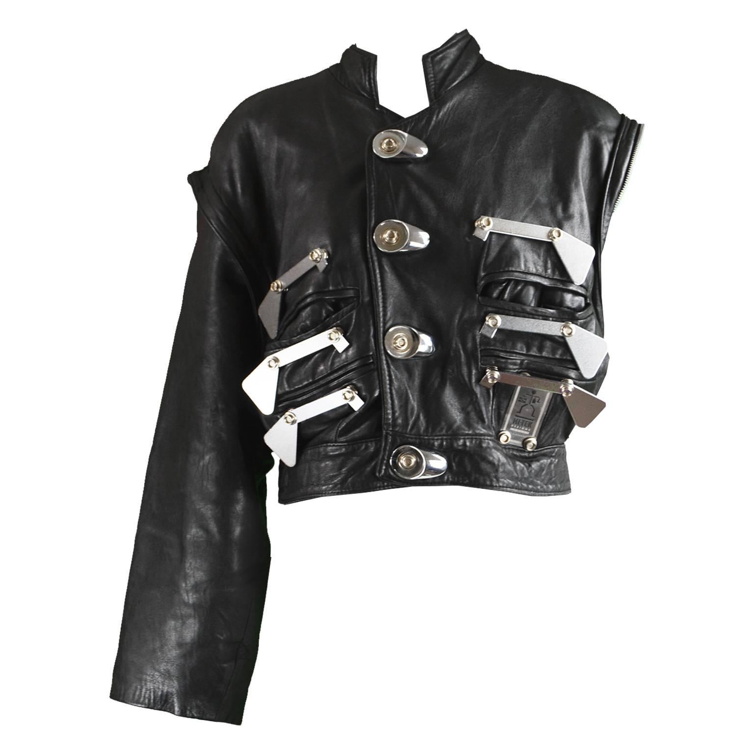 Hi Tek Leather Jacket with Removable Sleeves and Metal Attachments, 1980s For Sale