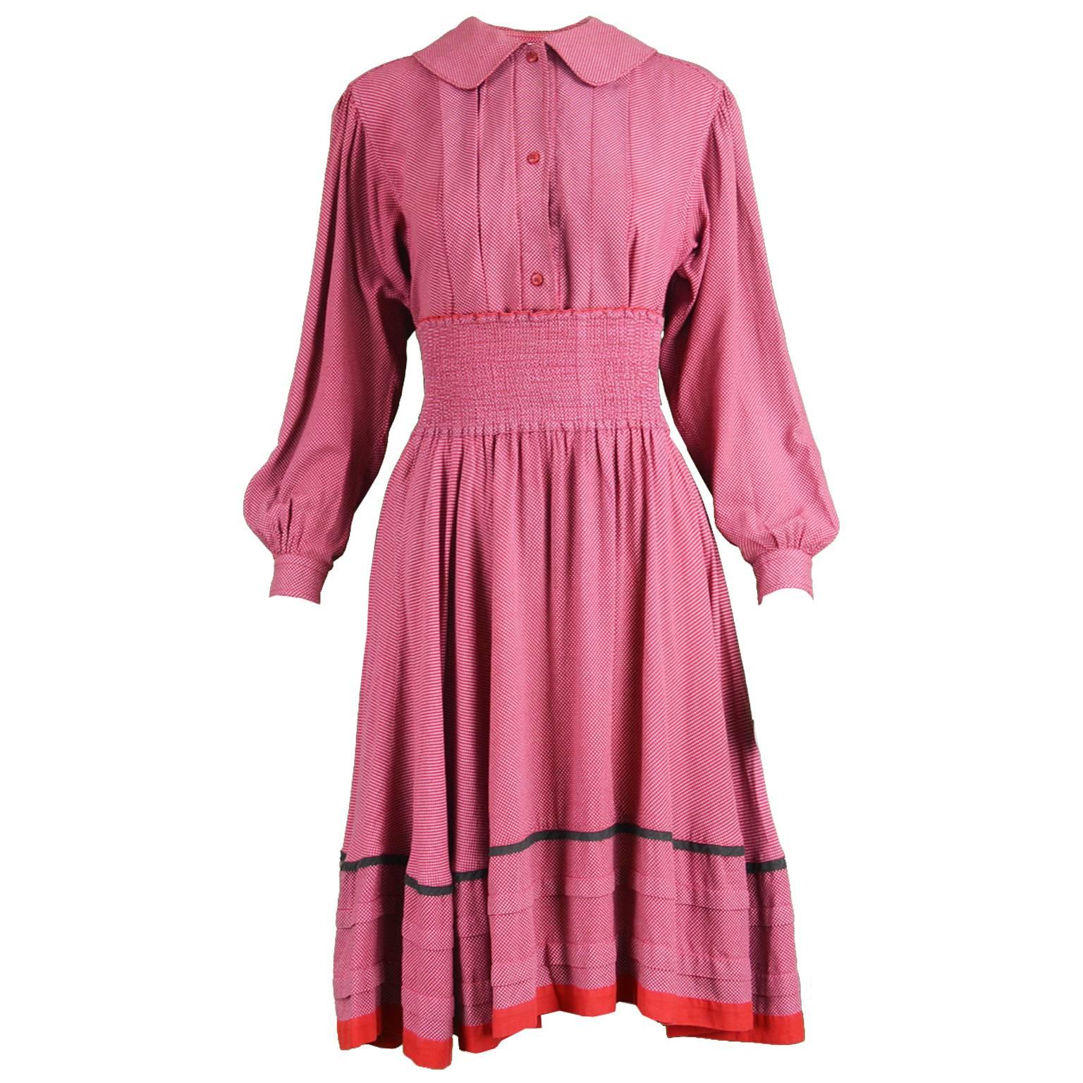 Kenzo 1970s Vintage Red Micro Polka Dot Two Piece Skirt 
Blouse Ensemble