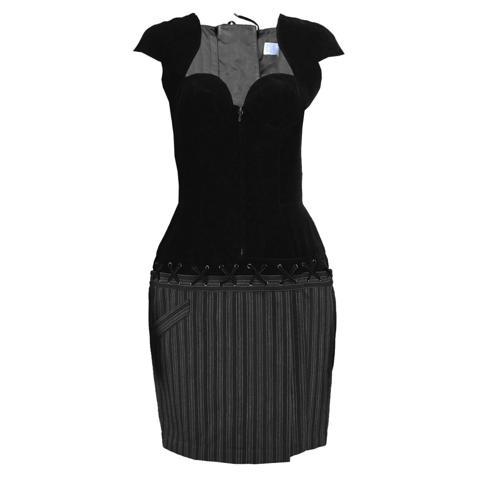 Thierry Mugler Vintage Black Velvet and Striped Wool Corset Style Dress, 1990s For Sale