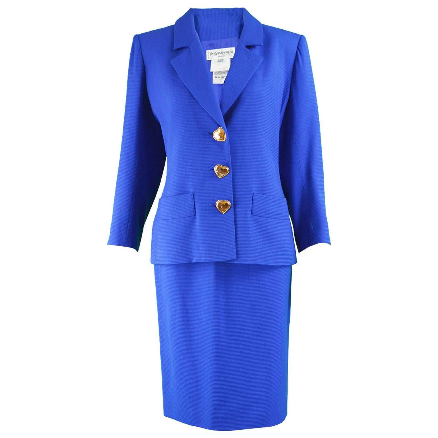 Yves Saint Laurent Blue Wool Blazer and Skirt Suit with Heart Buttons, 1980s