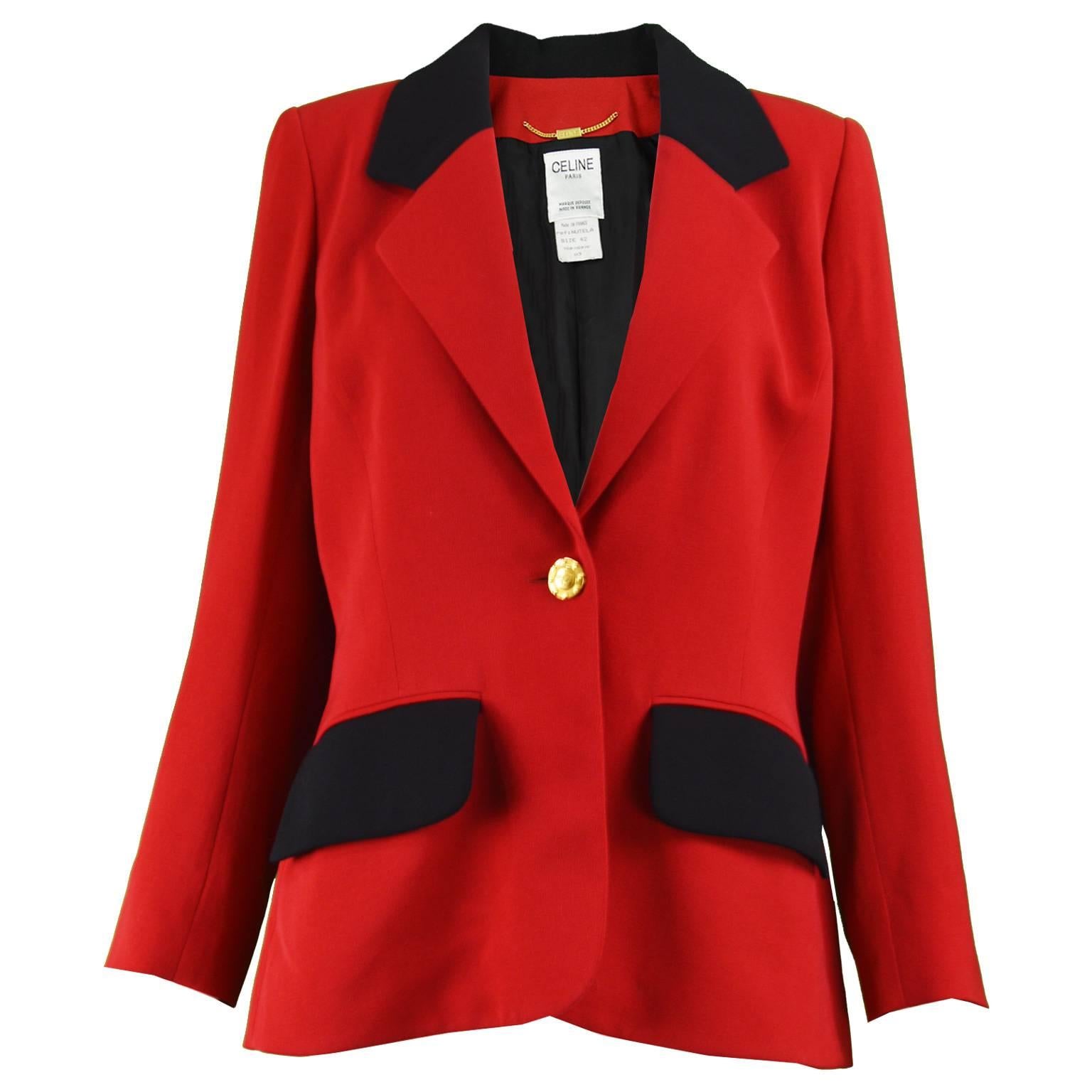 Celine Vintage Red and Black Pure Wool Riding Style Blazer Jacket, 1980s For Sale