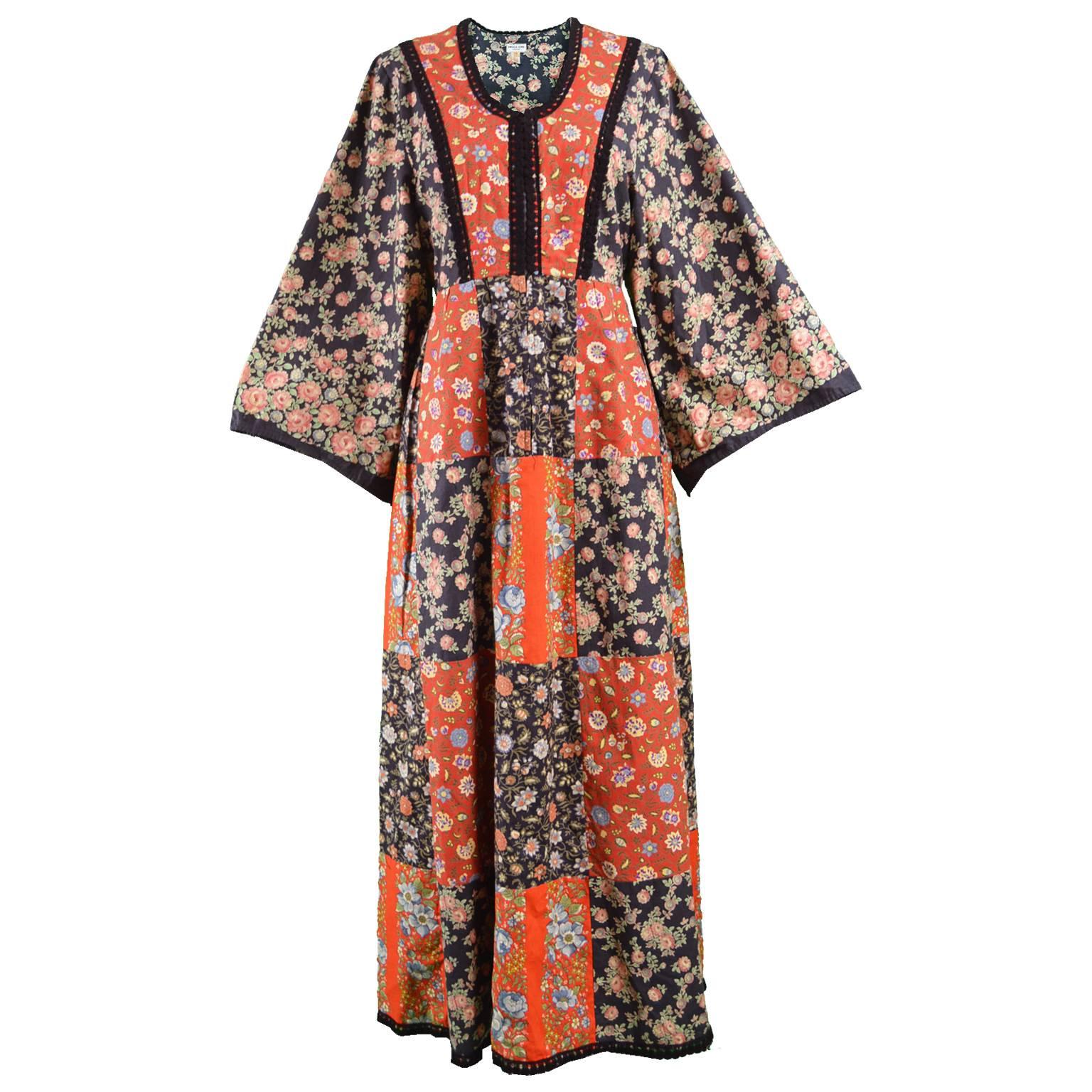 Angela Gore Vintage Patchwork Floral Print Cotton Maxi Kimono Dress, 1970s For Sale