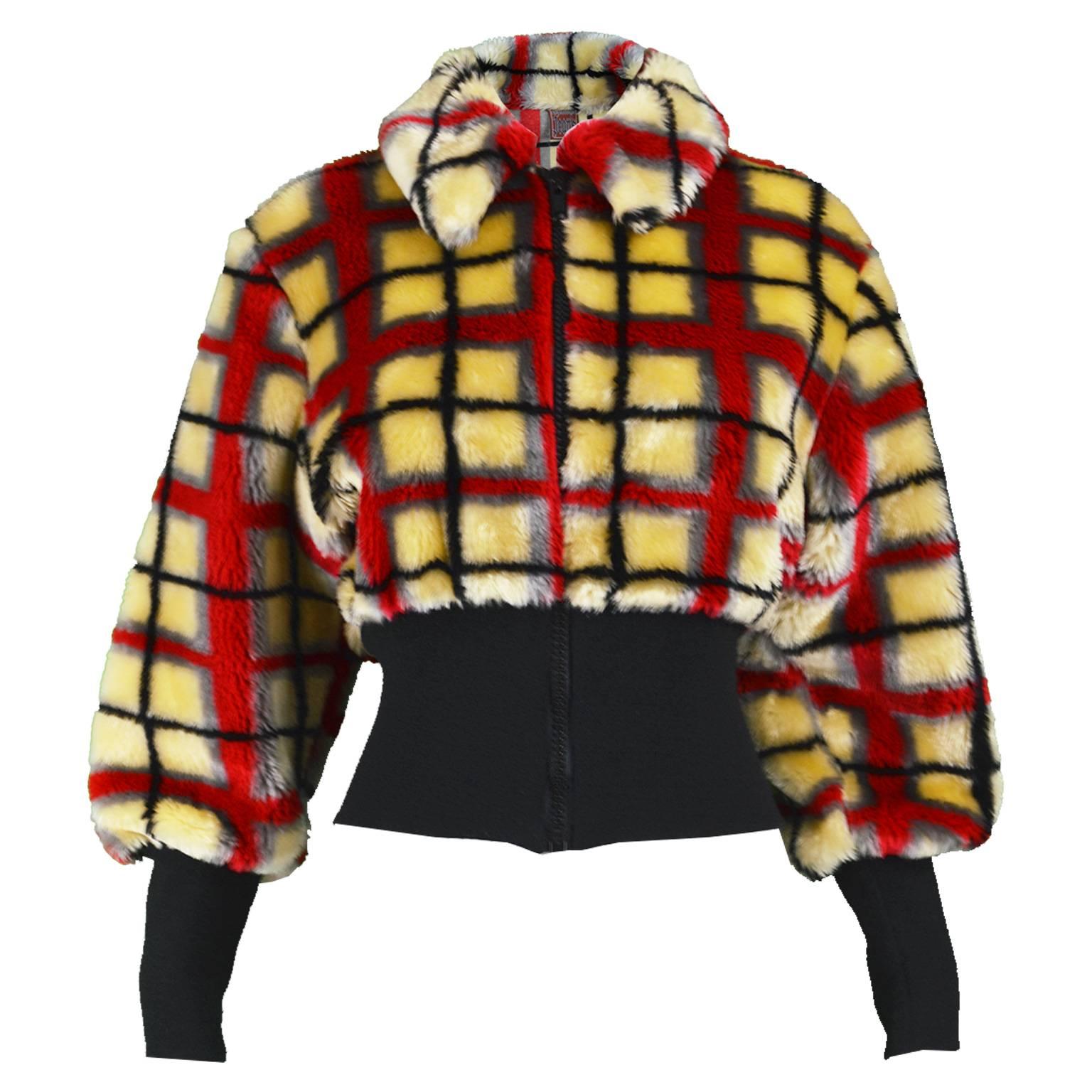 Jean Paul Gaultier Vintage Light Yellow and Red Checked Faux Fur