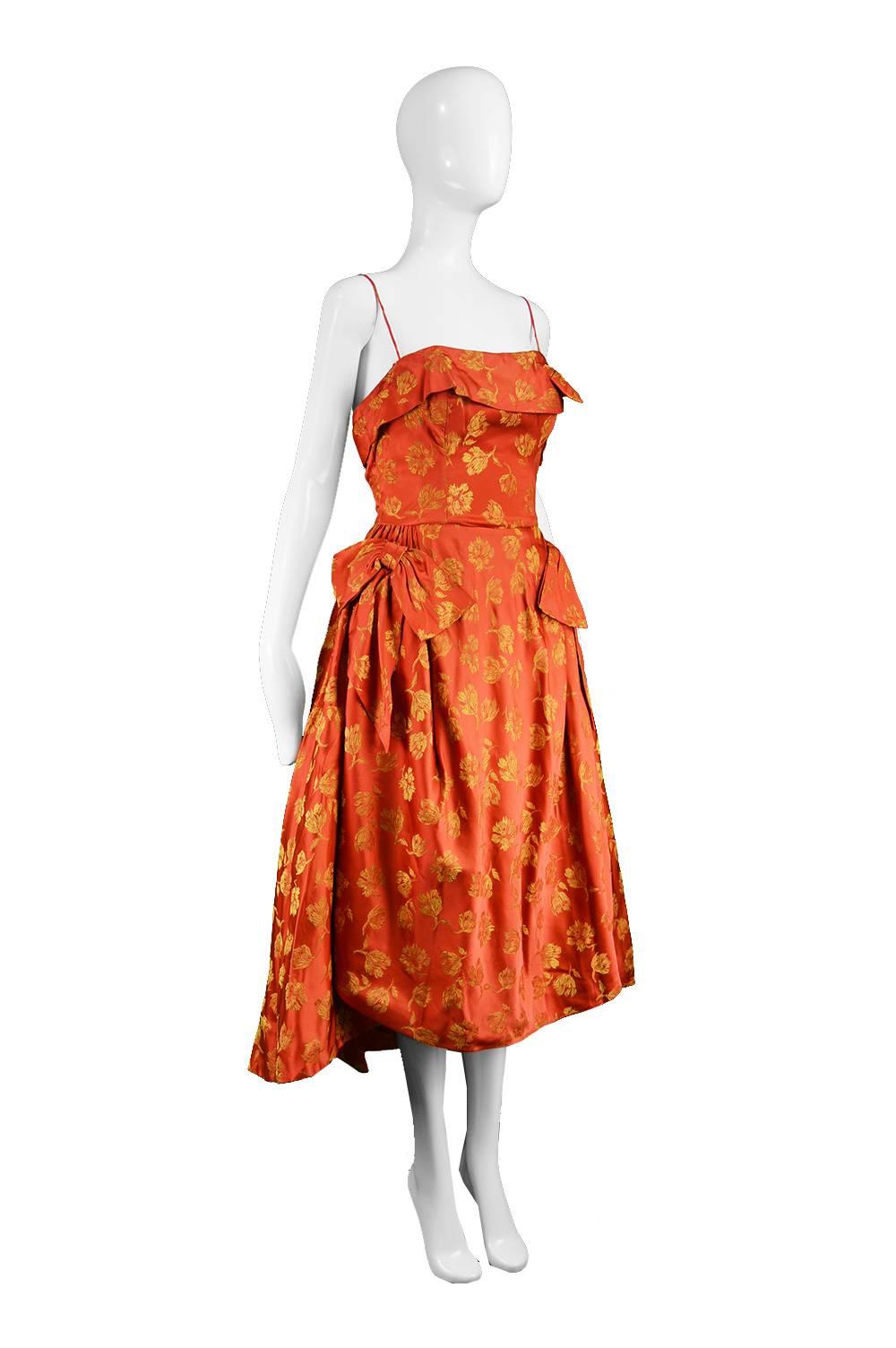 John Selby 1950s Vintage Red & Gold Brocade Jacquard Panelled Dress In Good Condition In Doncaster, South Yorkshire