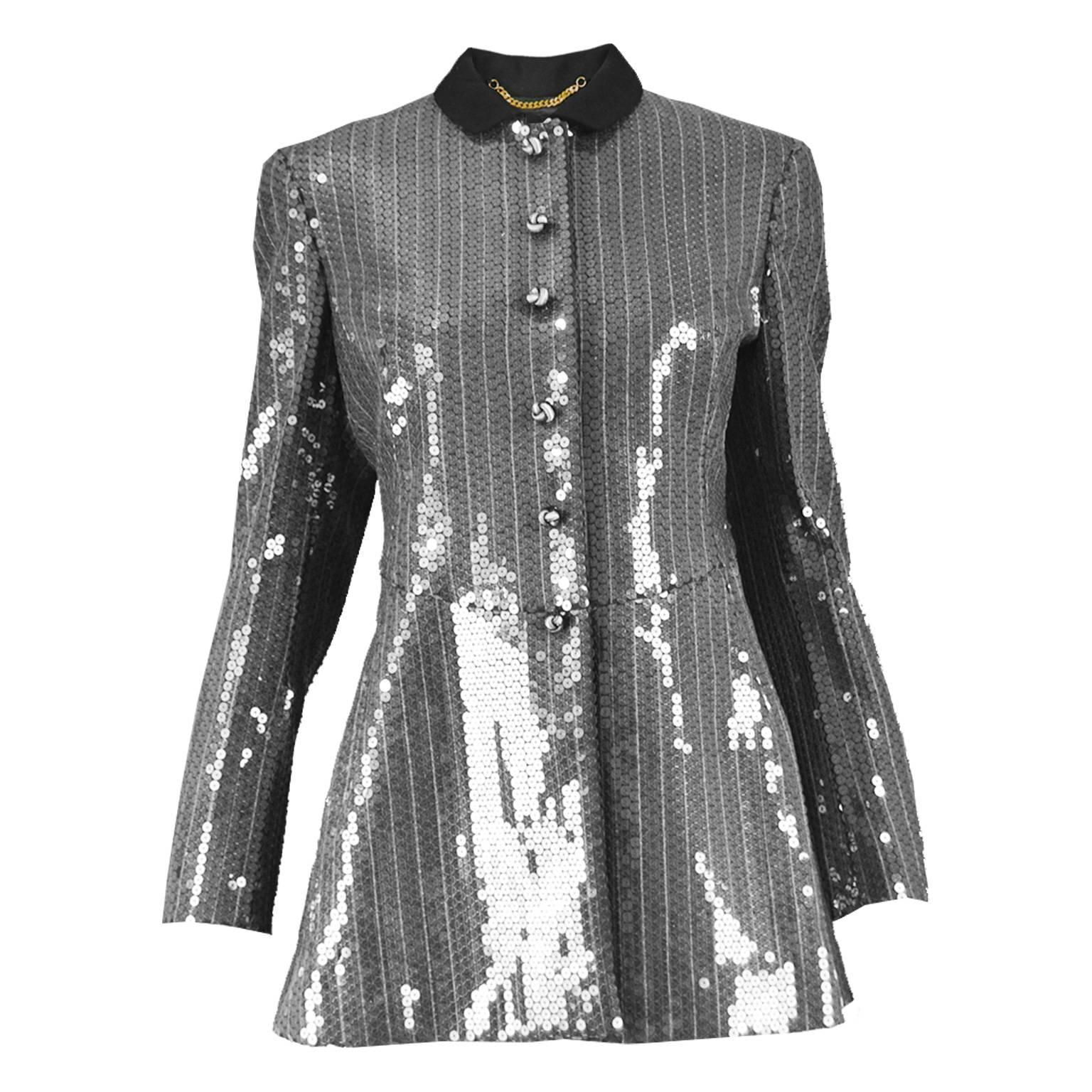 Moschino Couture Clear Silver Sequin Striped Tailored Military Jacket