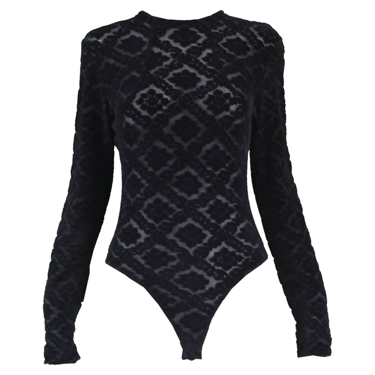 Rifat Ozbek Black Semi Sheer Devoré Velvet Long Sleeve Bodysuit, 1990s