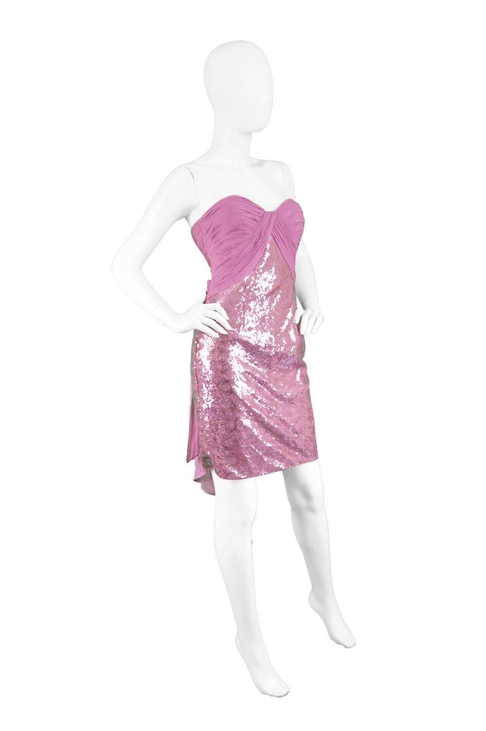 Vicky Tiel Pink Sequin & Ruched Silk Chiffon Evening Mini Party Dress In Excellent Condition In Doncaster, South Yorkshire