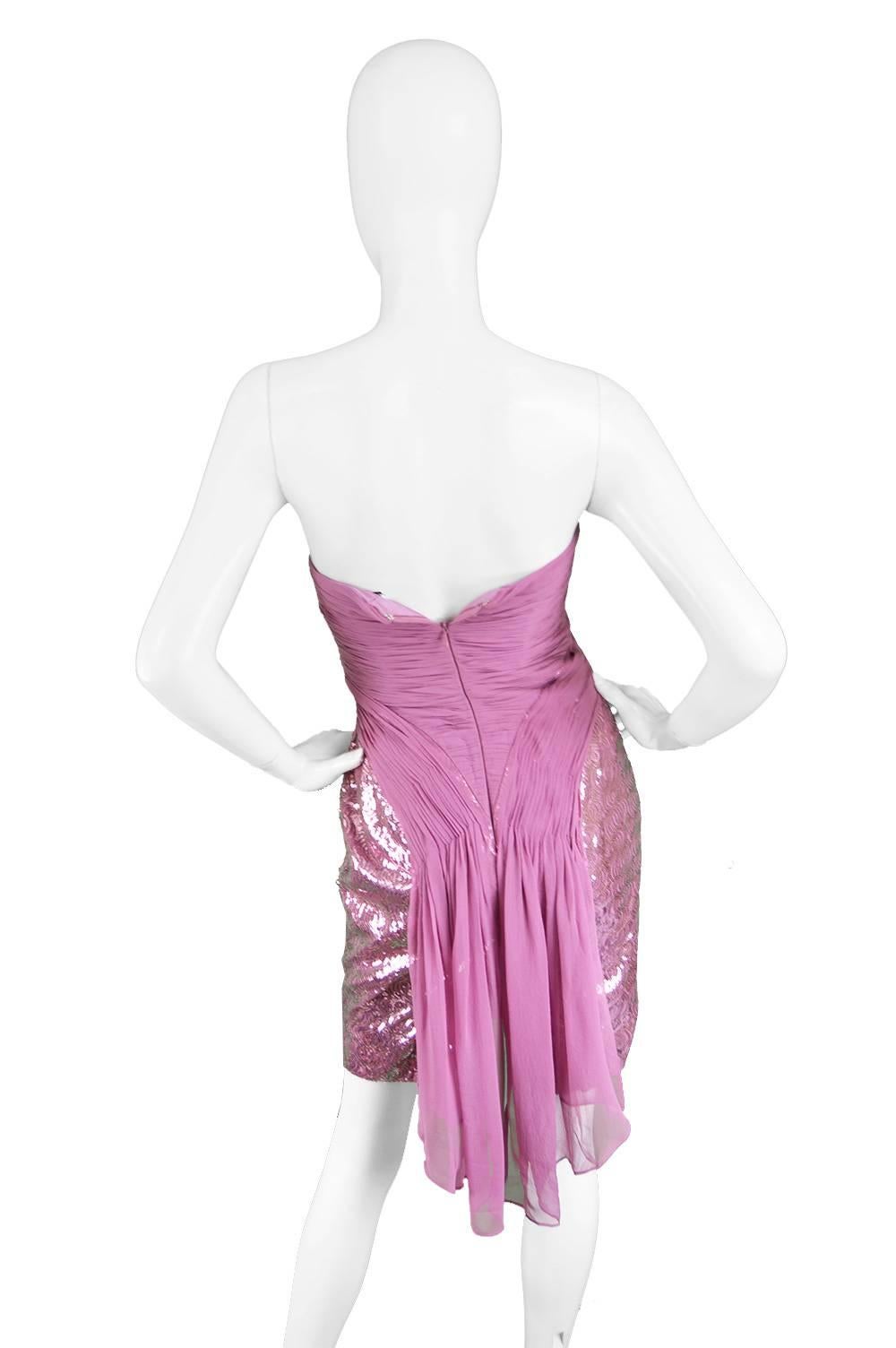 Vicky Tiel Pink Sequin & Ruched Silk Chiffon Evening Mini Party Dress 3