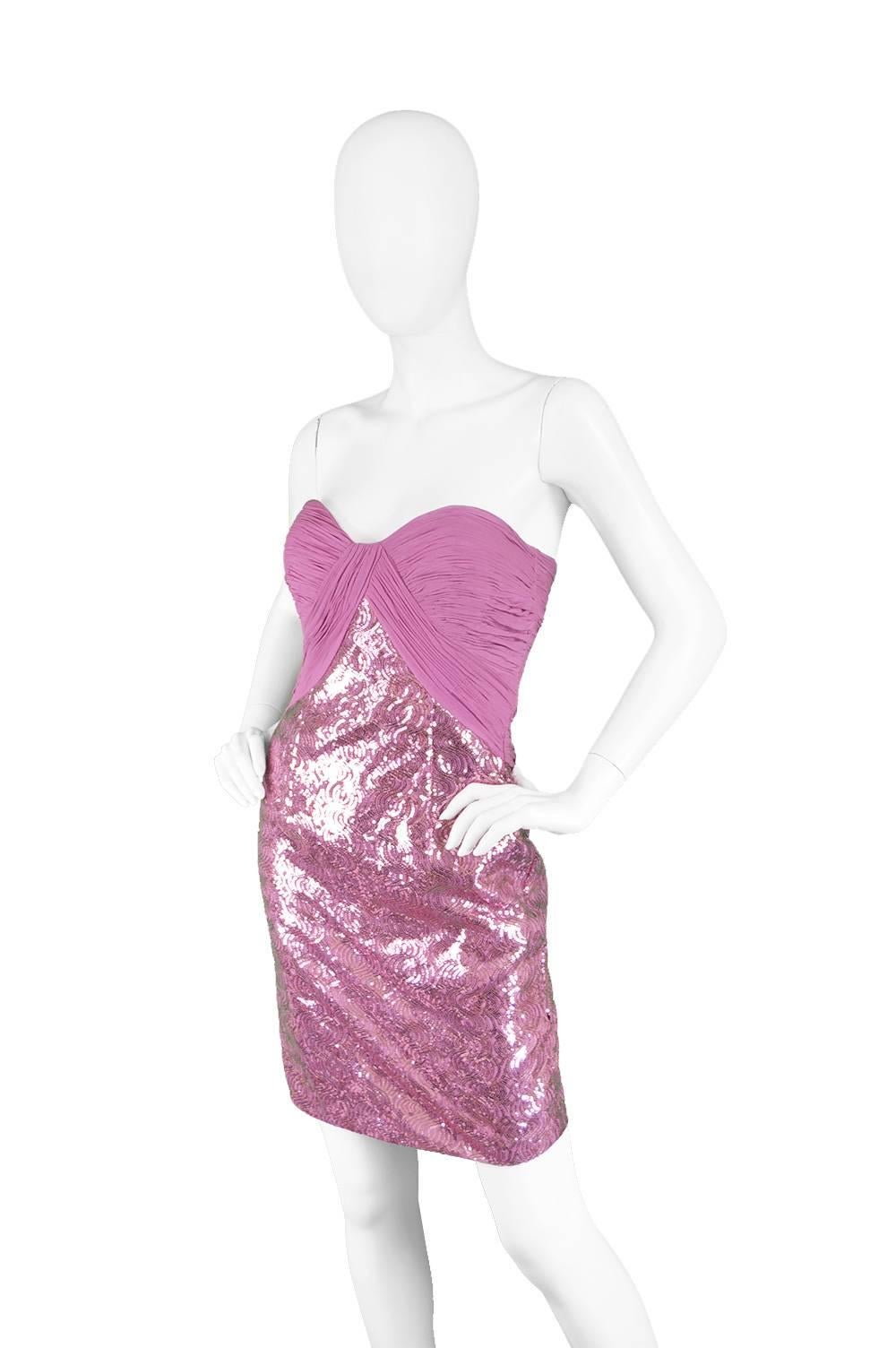 Vicky Tiel Pink Sequin & Ruched Silk Chiffon Evening Mini Party Dress 2