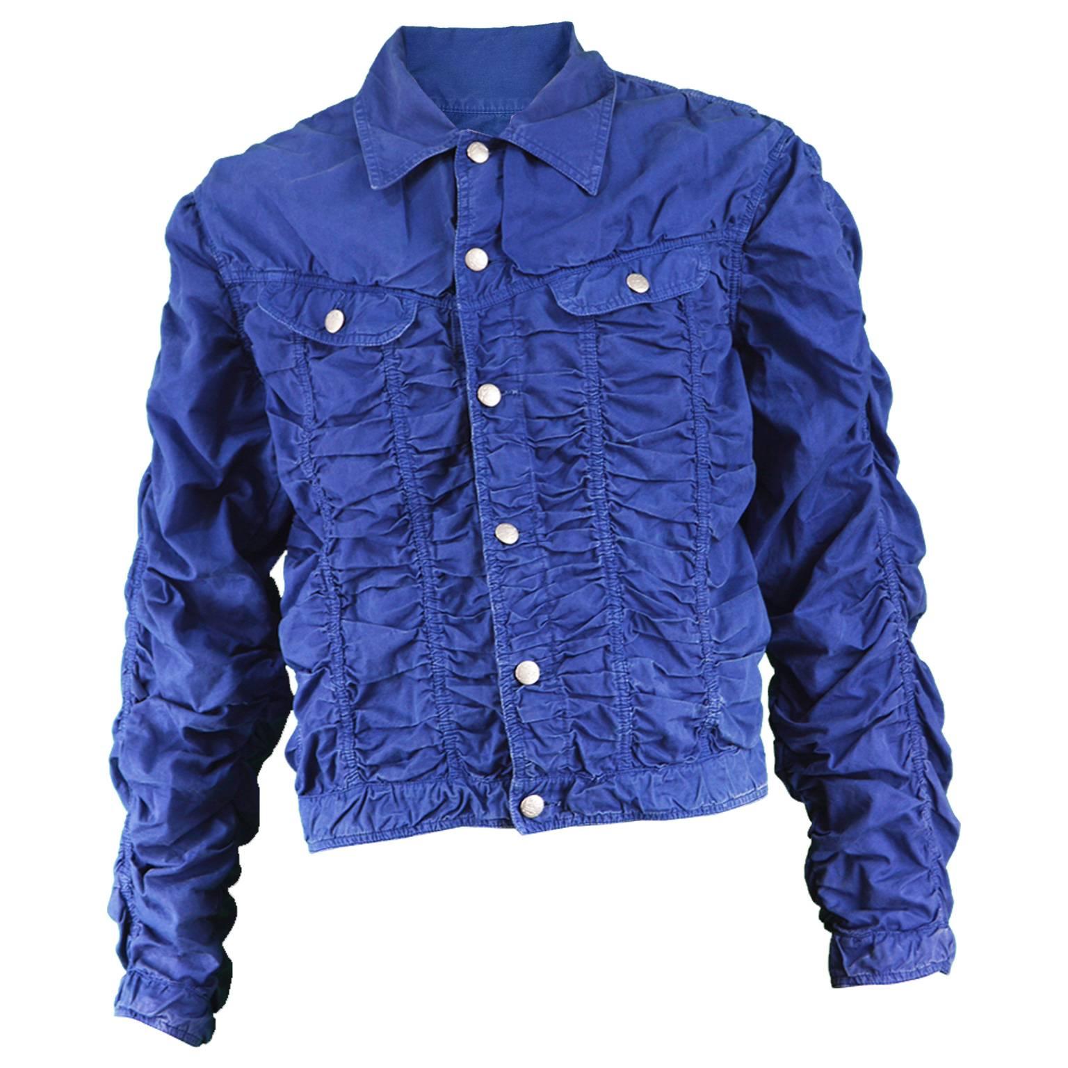 Jean Paul Gaultier Men's Vintage Ruched Blue Cotton Jacket, 1990s  For Sale