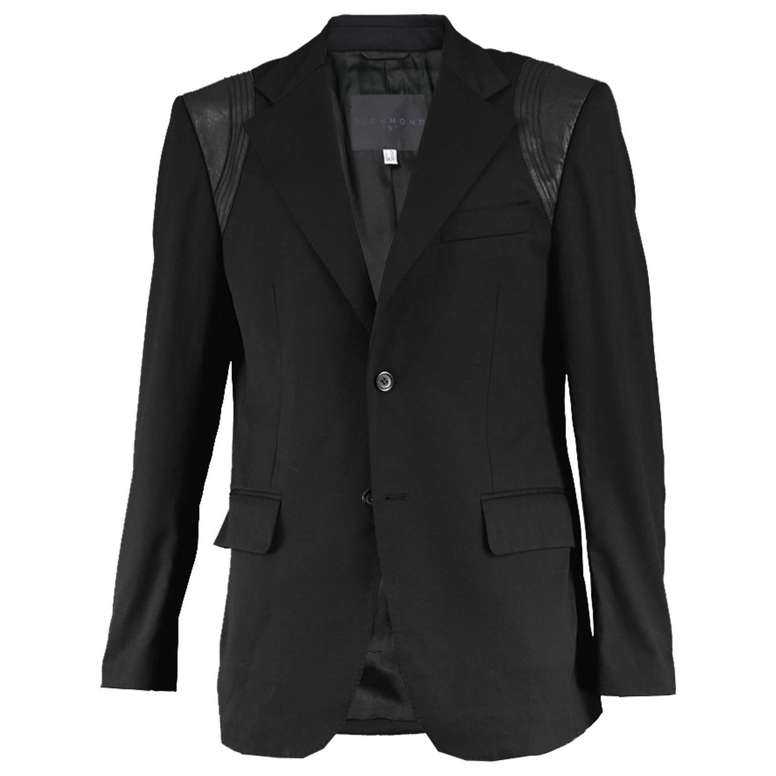 John Richmond Men's Blazer Jacket with Black Leather Shoulder Panels