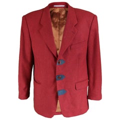 Kenzo Men's Vintage Red Herringbone Wool Blazer with Suede Details, 1980s