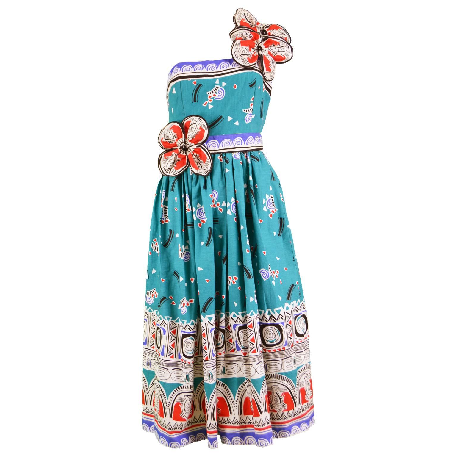 Victor Costa Vintage Turquoise Cotton Tiki Print One Shoulder Day Dress, 1970s For Sale