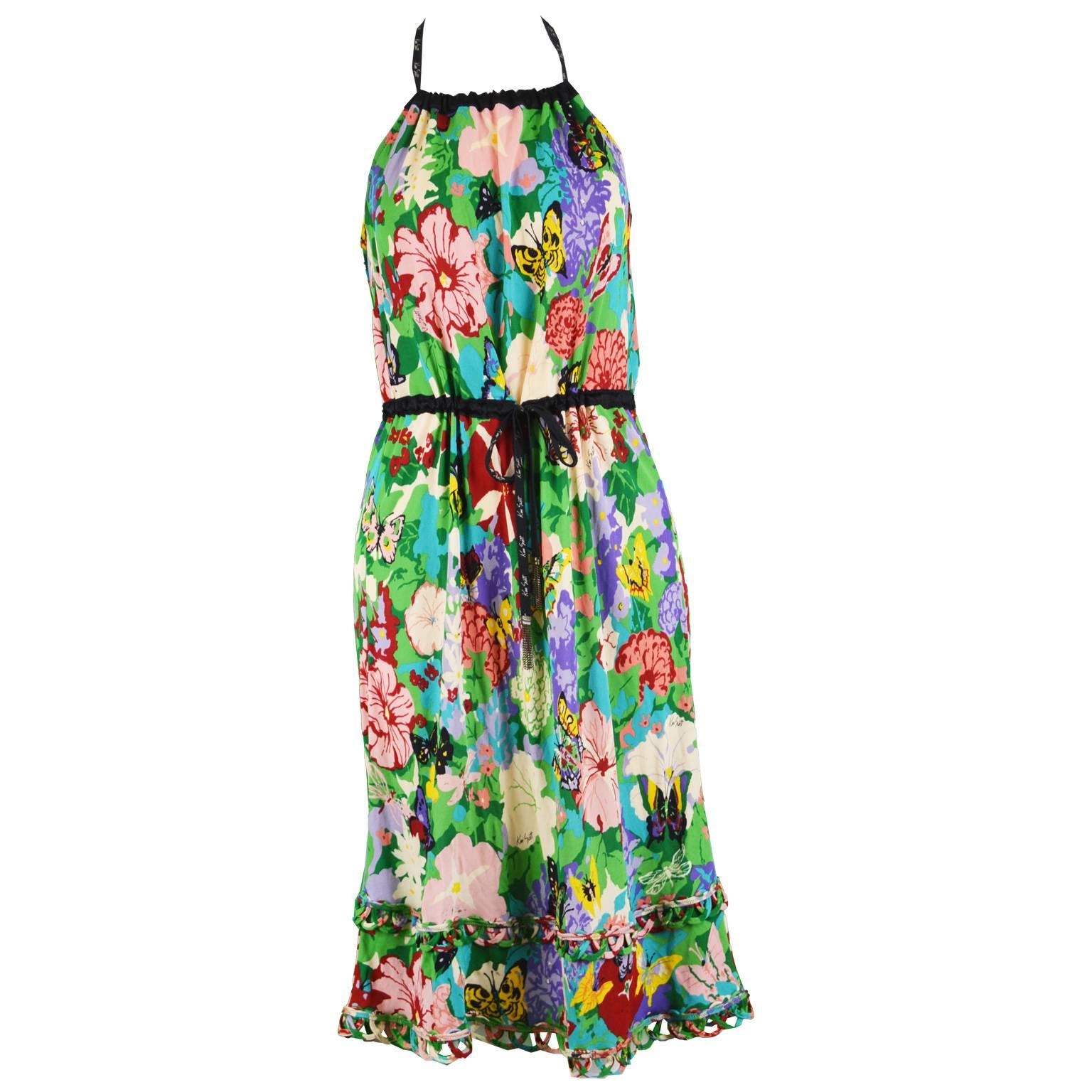 Ken Scott Brightly Printed Tropical Backless Halterneck Jersey Dress For Sale