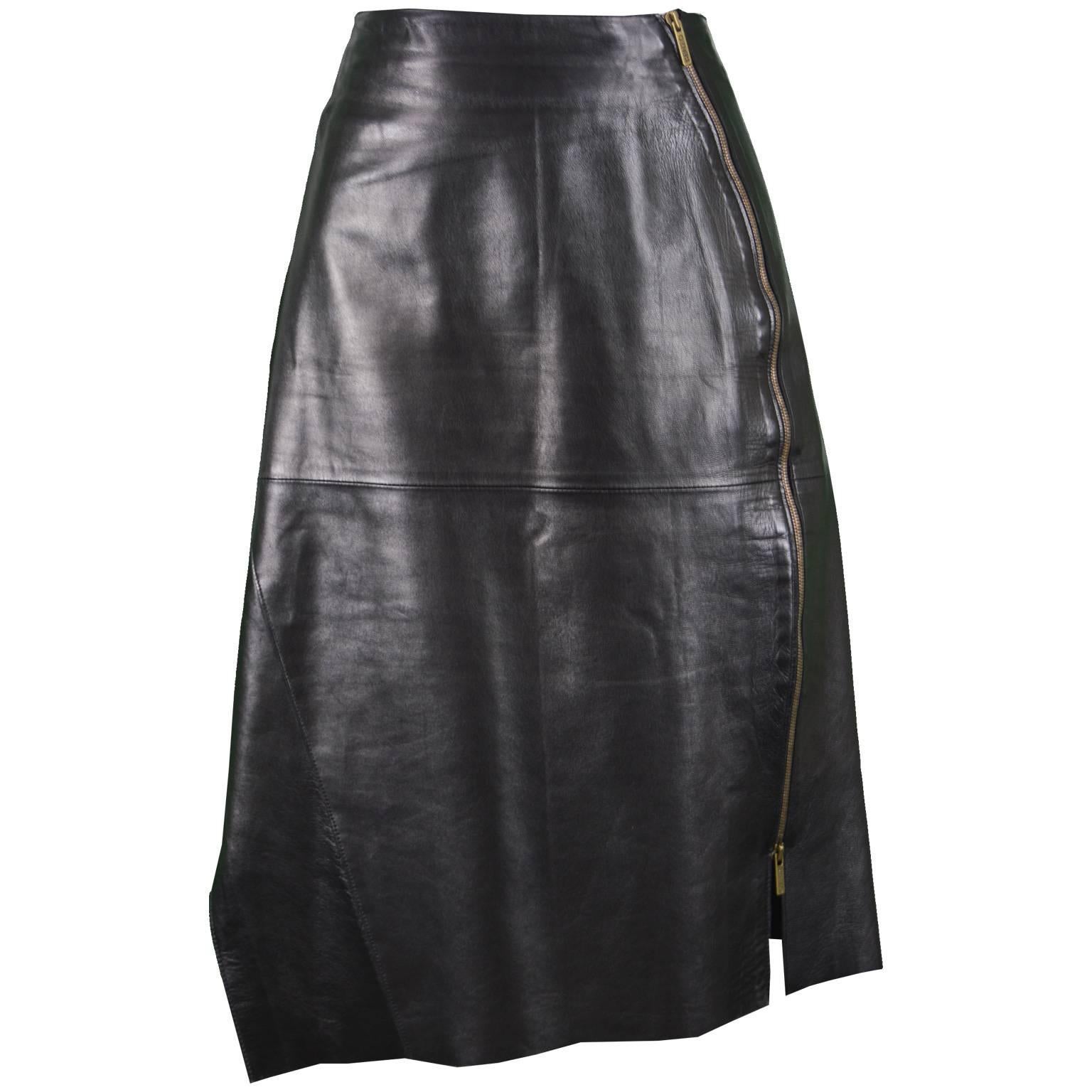 Kenzo Black Lambskin Leather Panelled Asymmetrical Biker Skirt, 1980s For Sale