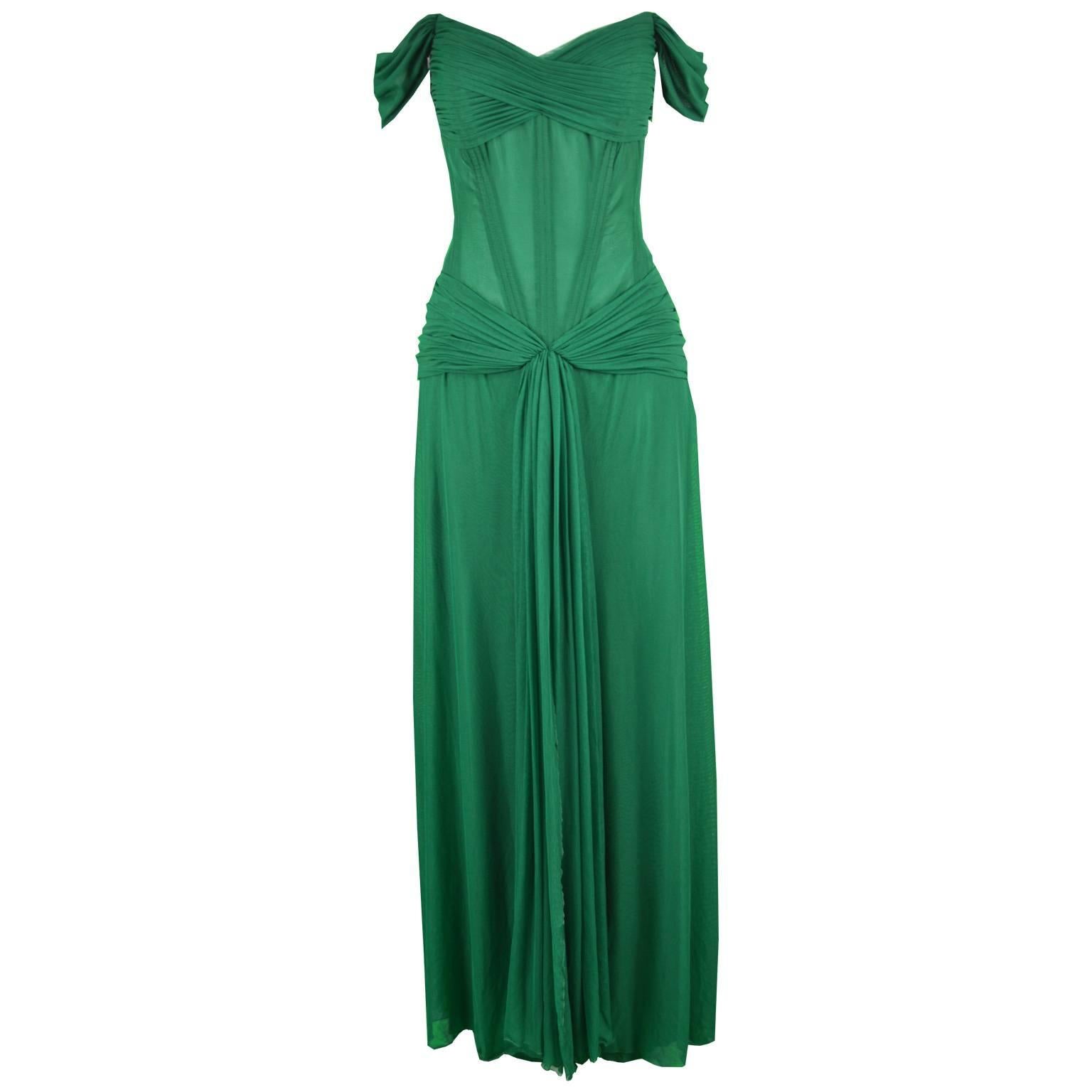 Vicky Tiel Couture 24-Boned Green Jersey Off the Shoulder Evening Gown, 1990s