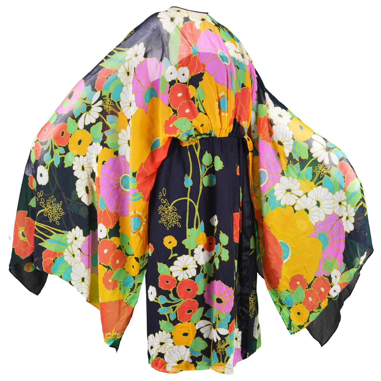 Capriccio Vintage Cotton Kimono Sleeve Vibrant Multicolored Dress, 1970s