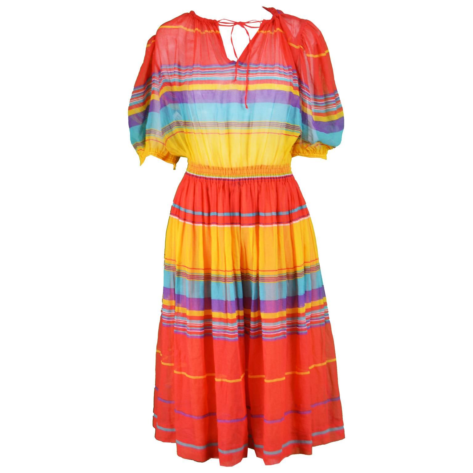 Céline Vintage Brightly Multicolored Cotton Gauze Striped Peasant Dress, 1970s For Sale