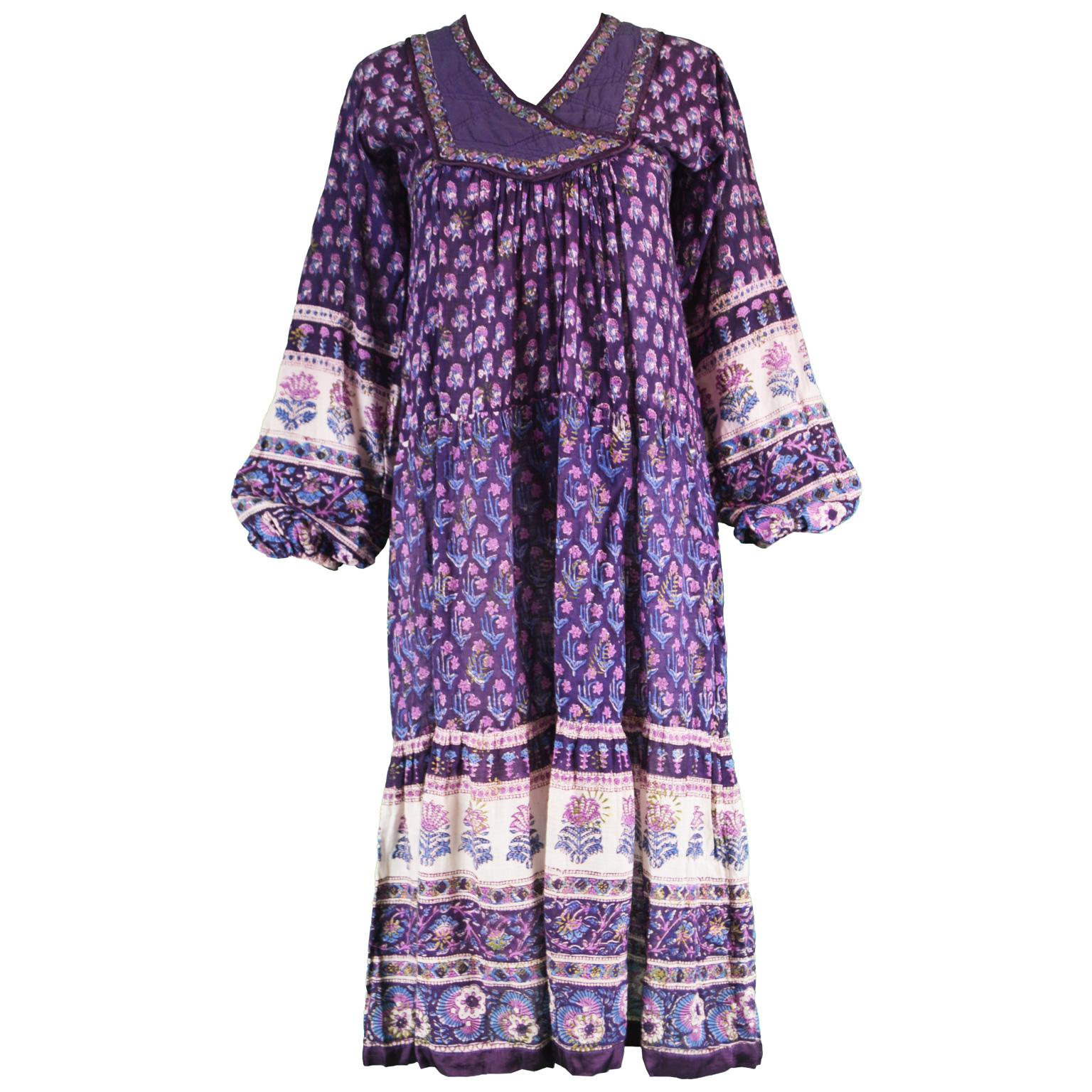 Alpnani Purple Indian Cotton Gauze Block Printed Quilted Boho Dress, 1970s For Sale