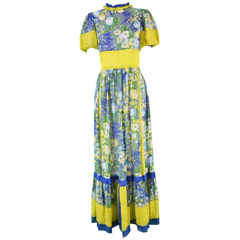 Valditevere Vintage Cotton Voile Blue and Yellow Floral Print Maxi ...