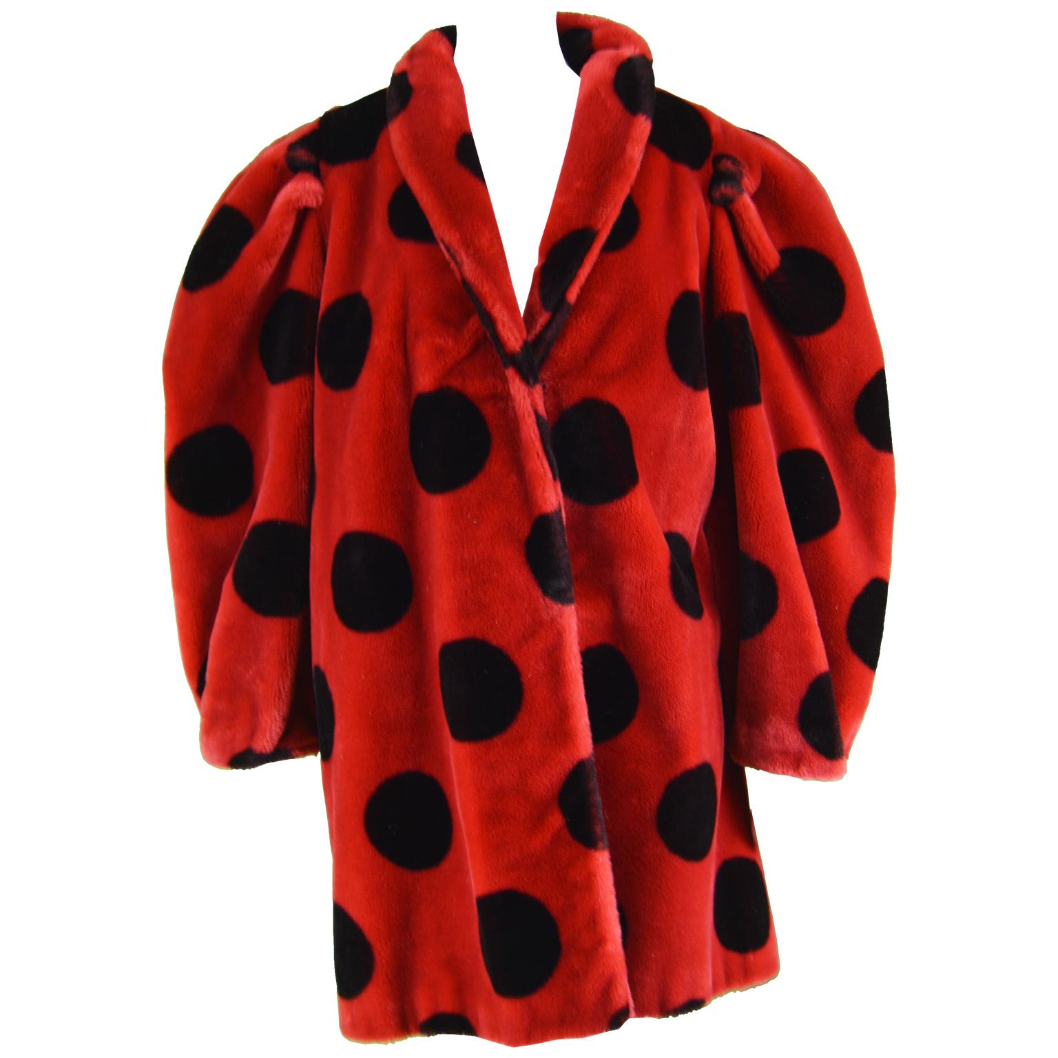 Apparence Paris Striking Red & Black Polka Dot Vintage Faux Fur Coat, 1980s