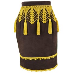 Moschino Vintage Women's Brown Suede Skirt with Crochet Fringe Tassels, 1980s