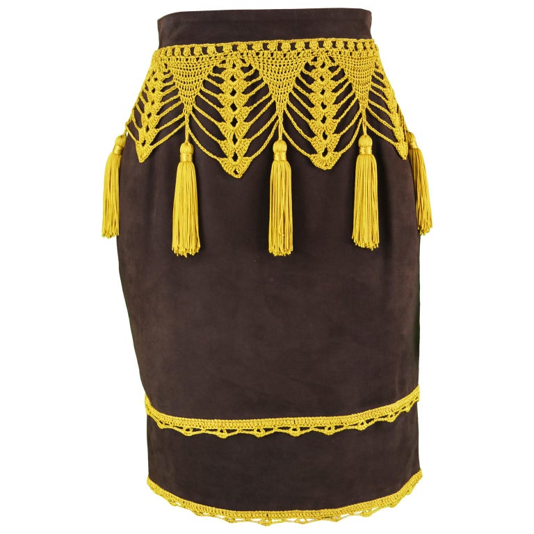 Moschino Vintage Women's Brown Suede Skirt with Crochet Fringe Tassels