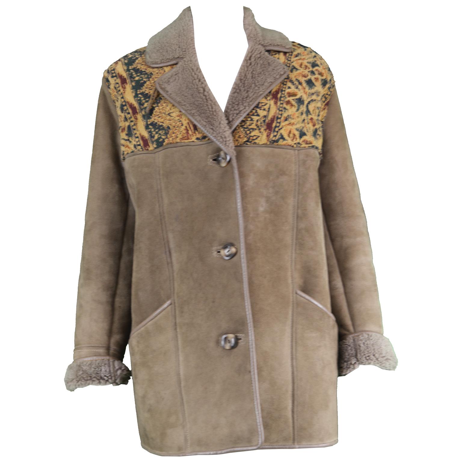 Vintage Tapestry Panelled Brown Sheepskin Shearling Lined Coat , 1970s