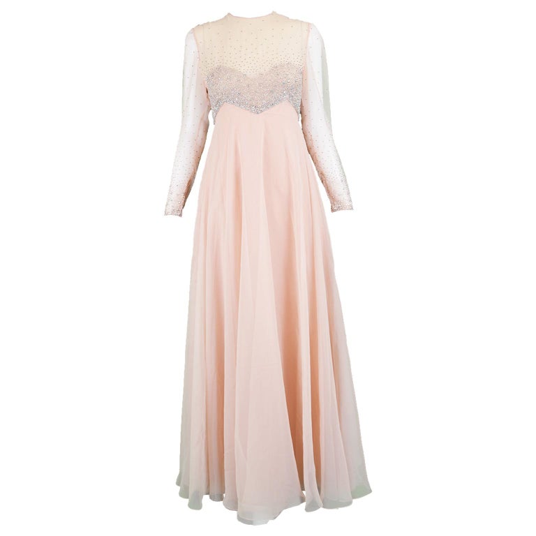 Victoria Royal Vintage Hong Kong Hand Beaded Peach Chiffon Evening Gown