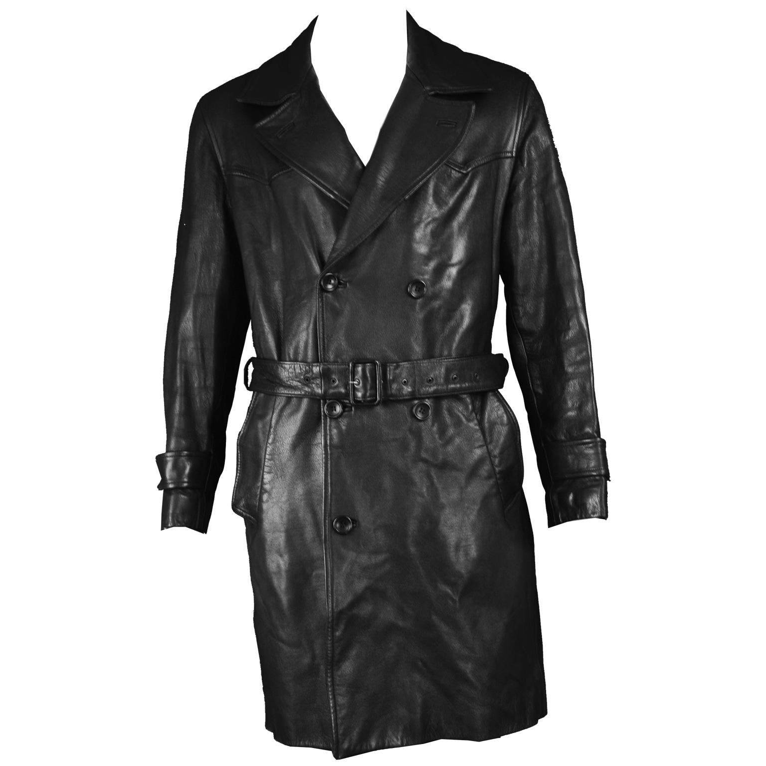 Kenzo Vintage Men's Black Goat Leather Vintage Belted Jacket Trench Coat, 1980s For Sale