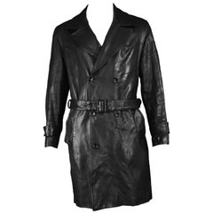 Kenzo Vintage Men's Black Goat Leather Vintage Belted Jacket Trench Coat, 1980s