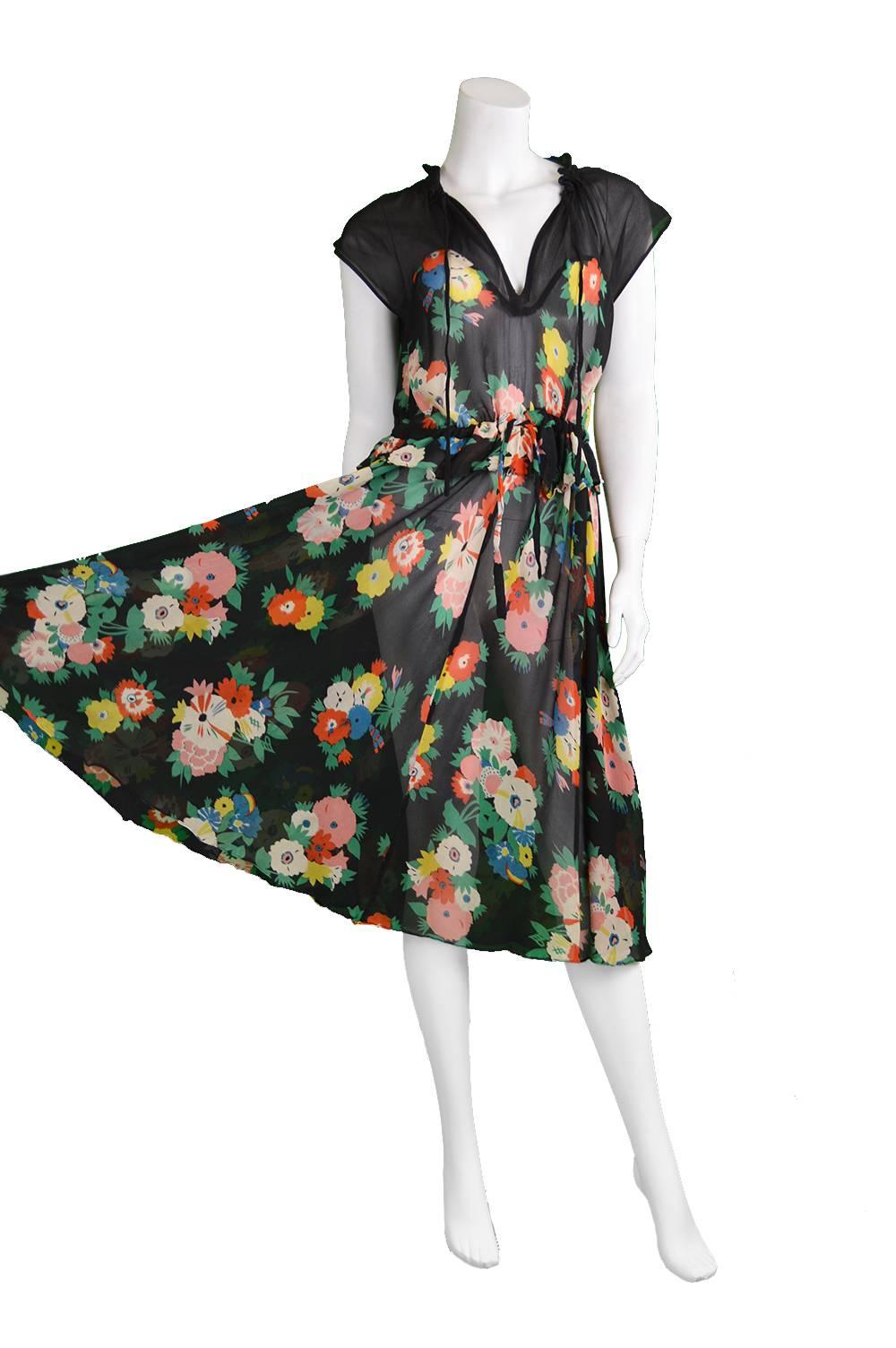 Black 1970s Ossie Clark Chiffon Dress with Celia Birtwell Floral Print