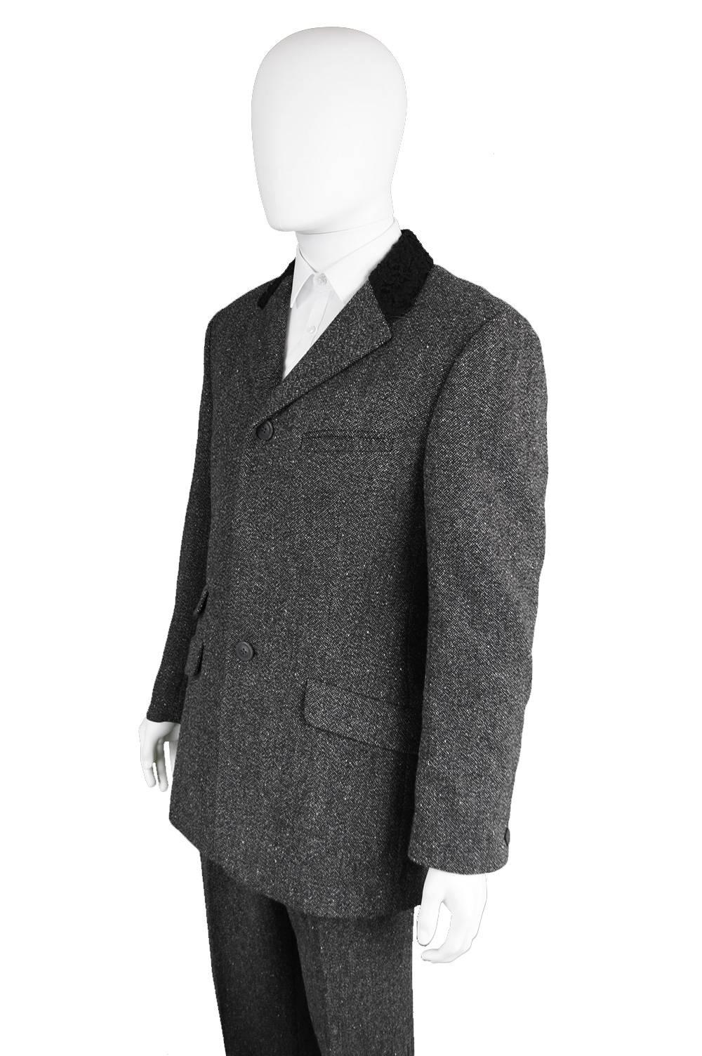 Black Gianni Versace Men's Vintage Grey Tweed Suit with wool boucle collar, 1990s