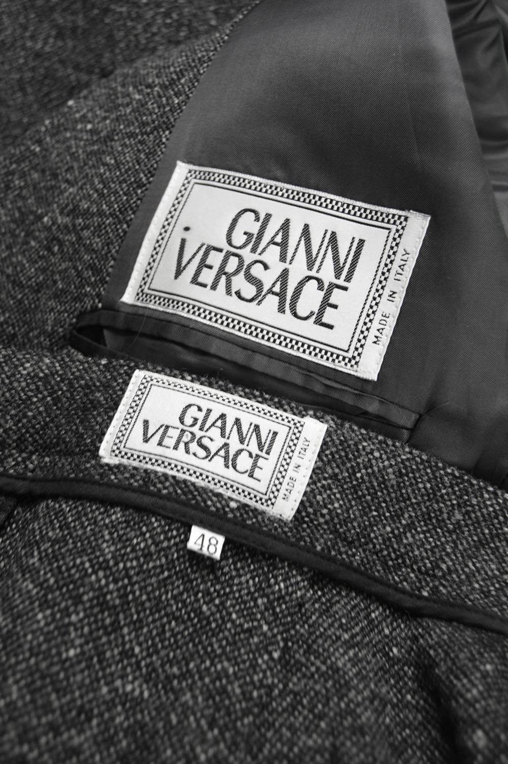 Gianni Versace Men's Vintage Grey Tweed Suit with wool boucle collar, 1990s 5